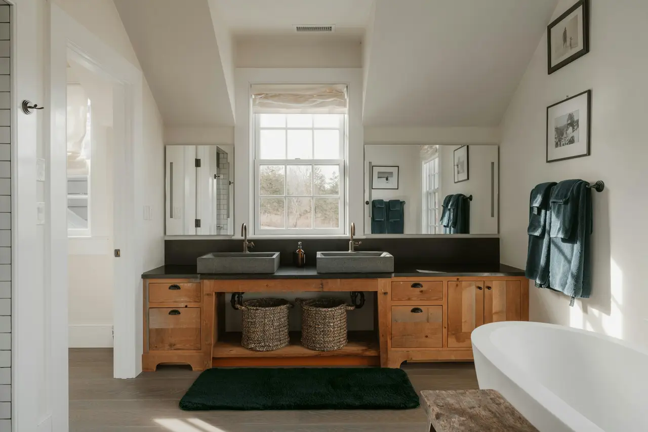 A bright cottage bathroom with a wood double vanity, white walls and teal towels.